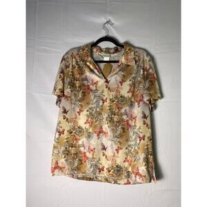 Vintage Sara Morgan Brown Floral Butterfly Polo Blouse Top Women's Size Large